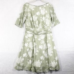 eShakti Dress Medium Green Midi Floral Pleated Short Sleeve A-Line Retro Chiffon